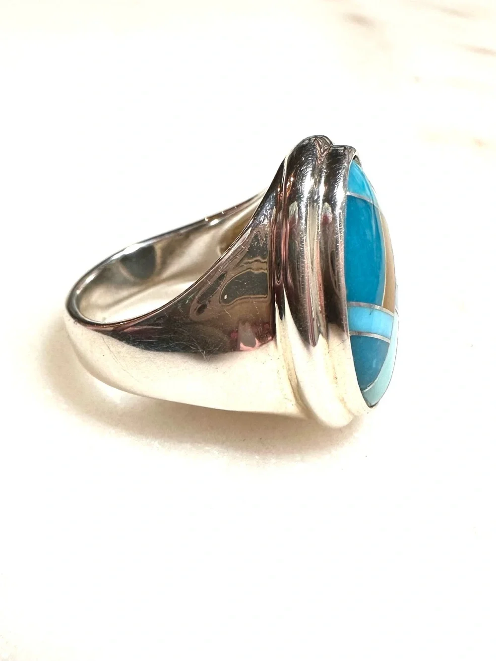 Carolyn Pollack Geometric Blue Turquoise & Jasper Inlay Sterling Silver Ring